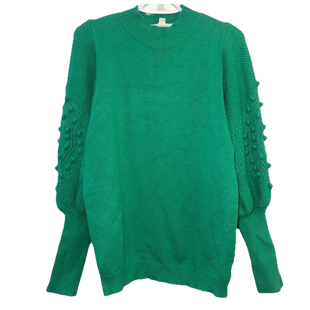 Vine & Love Green Textured Pom Pom Sleeve Knit Sweater Size M
